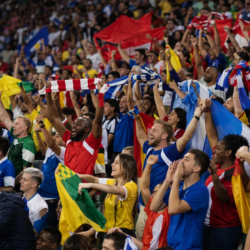 Wide shot of diverse football fans cheering in generic colorful team jerseys, ho