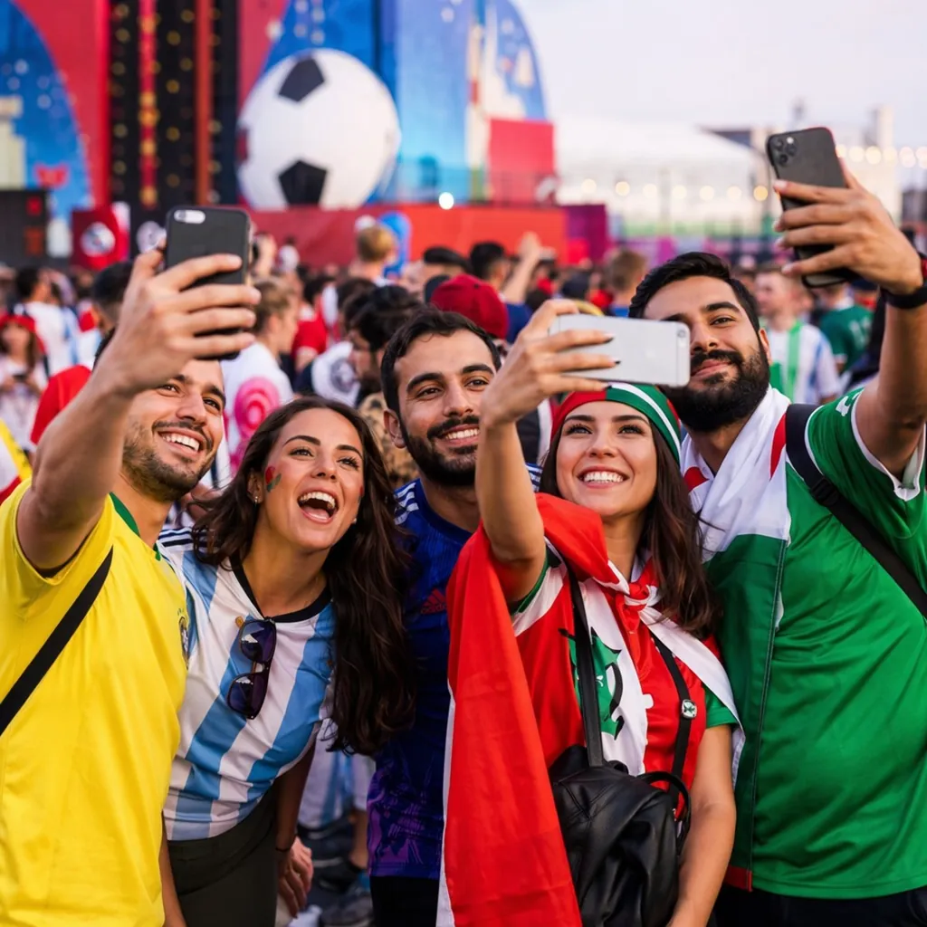 A group of football fans taking photos with their phones in a busy fan zone, no 