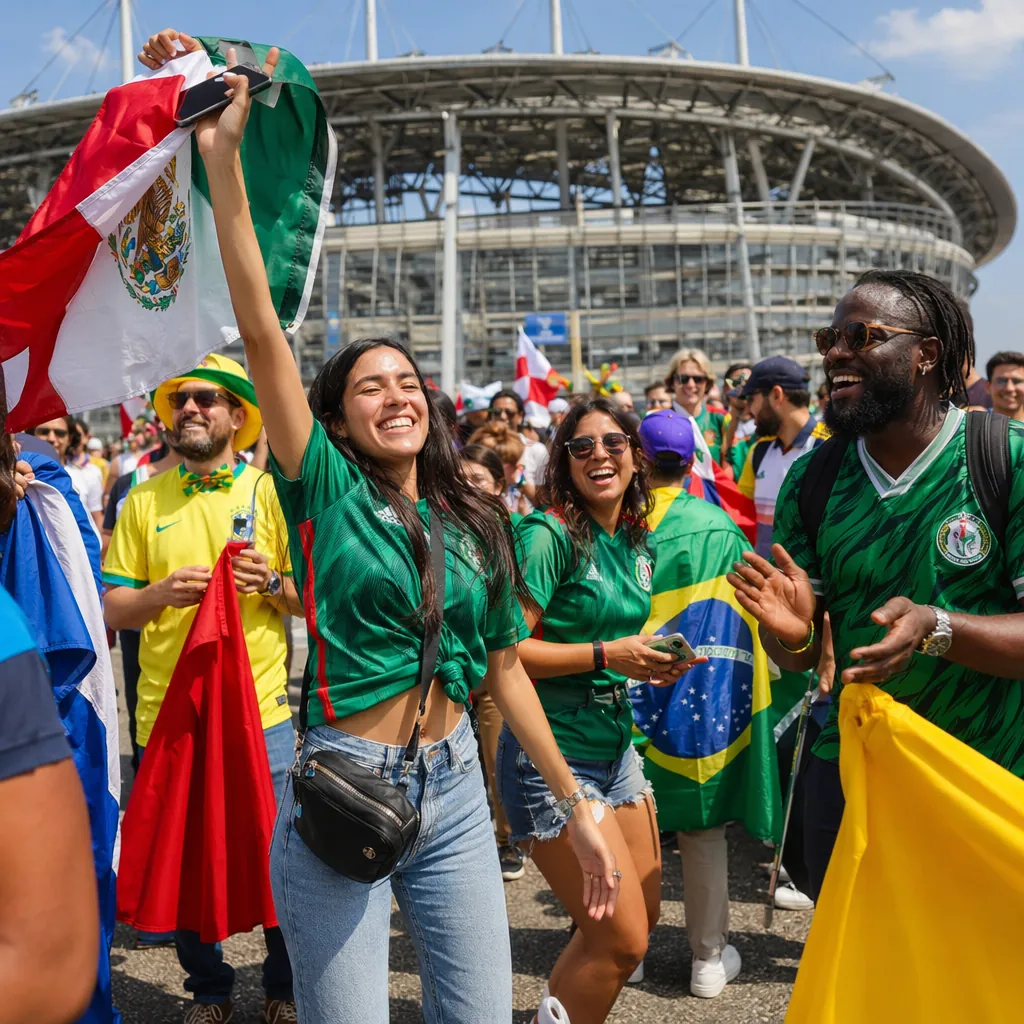 Wide shot of diverse World Cup fans gathering outside a stadium, wearing colorfu