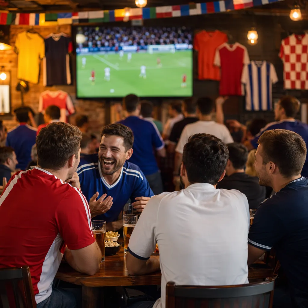 Wide shot of anonymous football fans in a casual sports bar laughing and discuss