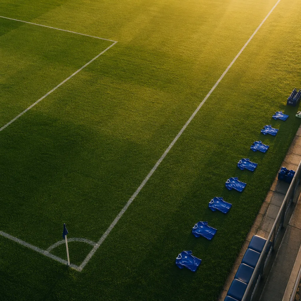 High angle shot of a well-maintained green football pitch with white boundary li