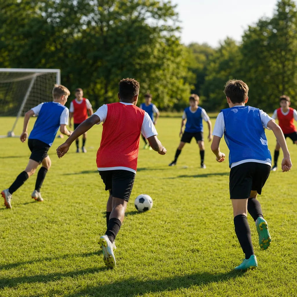 Wide shot of a generic youth football training session, anonymous young players 