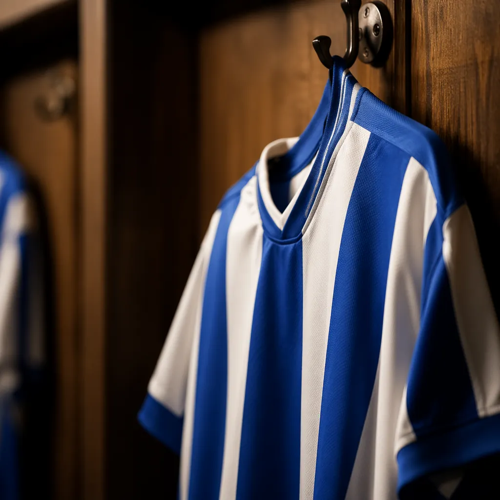 Close up shot of generic blue and white striped football jersey hanging on a loc