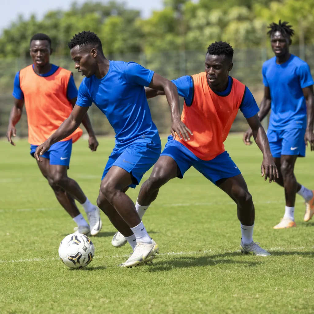 Generic African football team training on a green pitch, sunny weather, players 