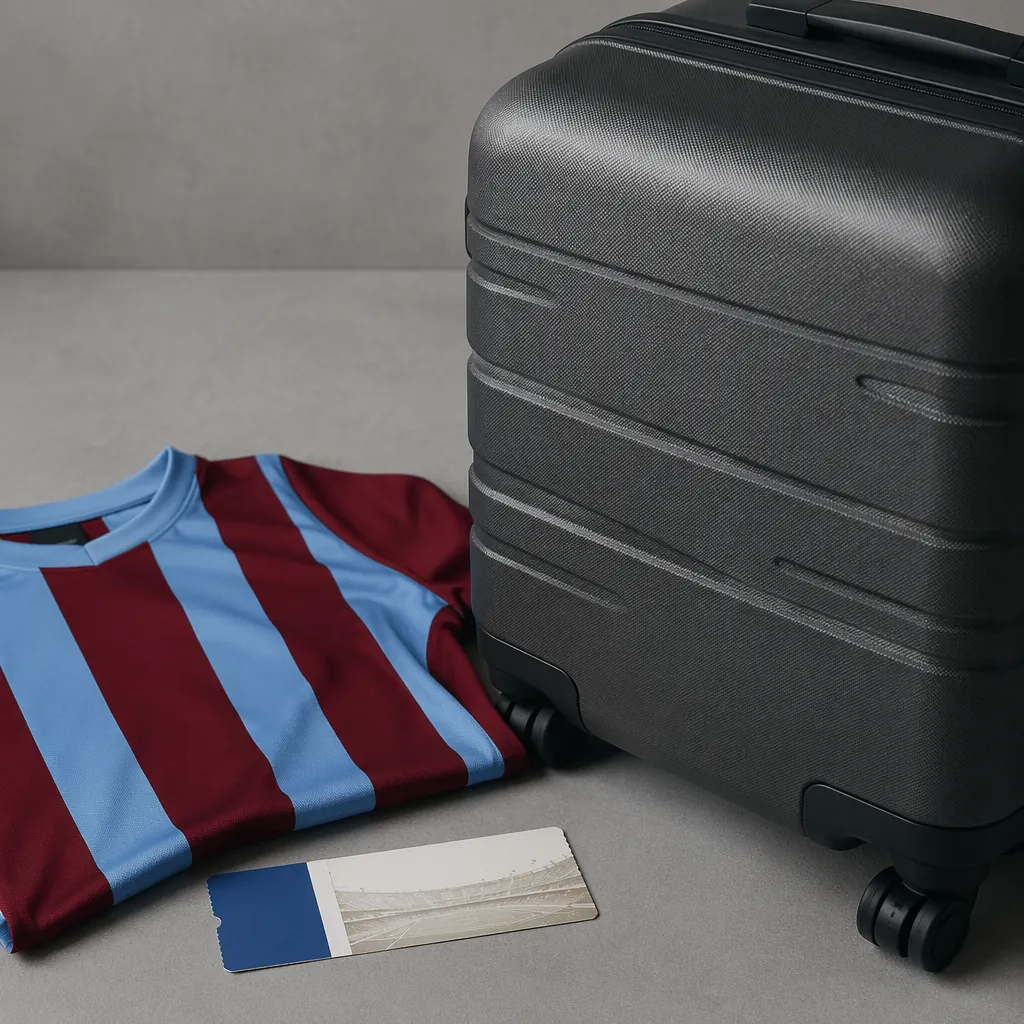 Close-up of a durable large rolling suitcase placed next to a football jersey an