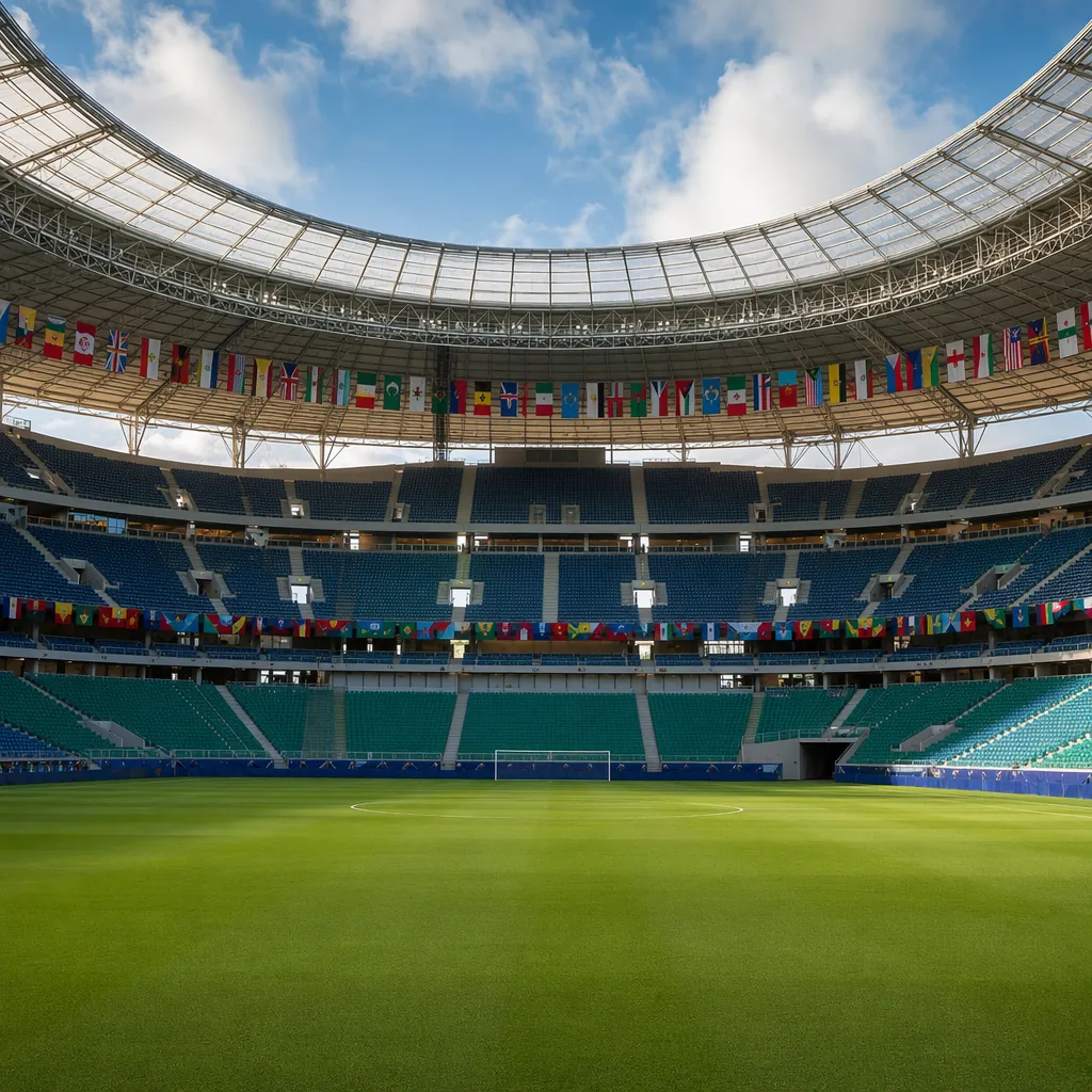 Generic football stadium interior with empty green pitch and tiered seating, nat