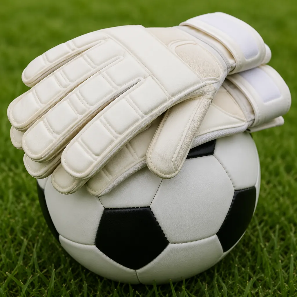 Close up of generic unbranded goalkeeper gloves resting on a football, green gra