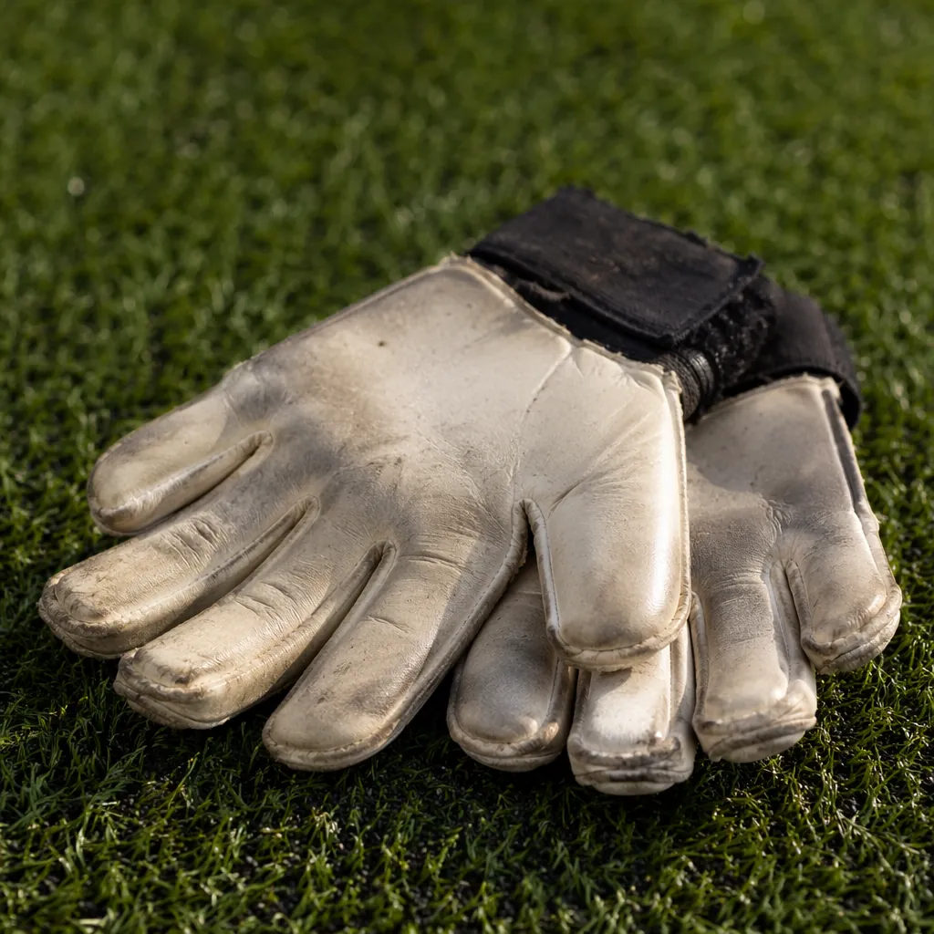 Close up of well-worn goalkeeper gloves resting on a green football pitch, soft 