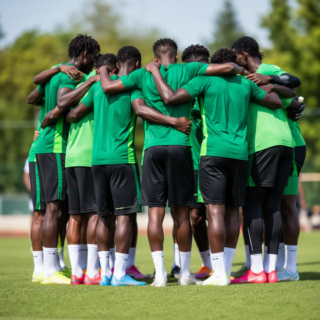 Generic African national football team players huddling during a training sessio