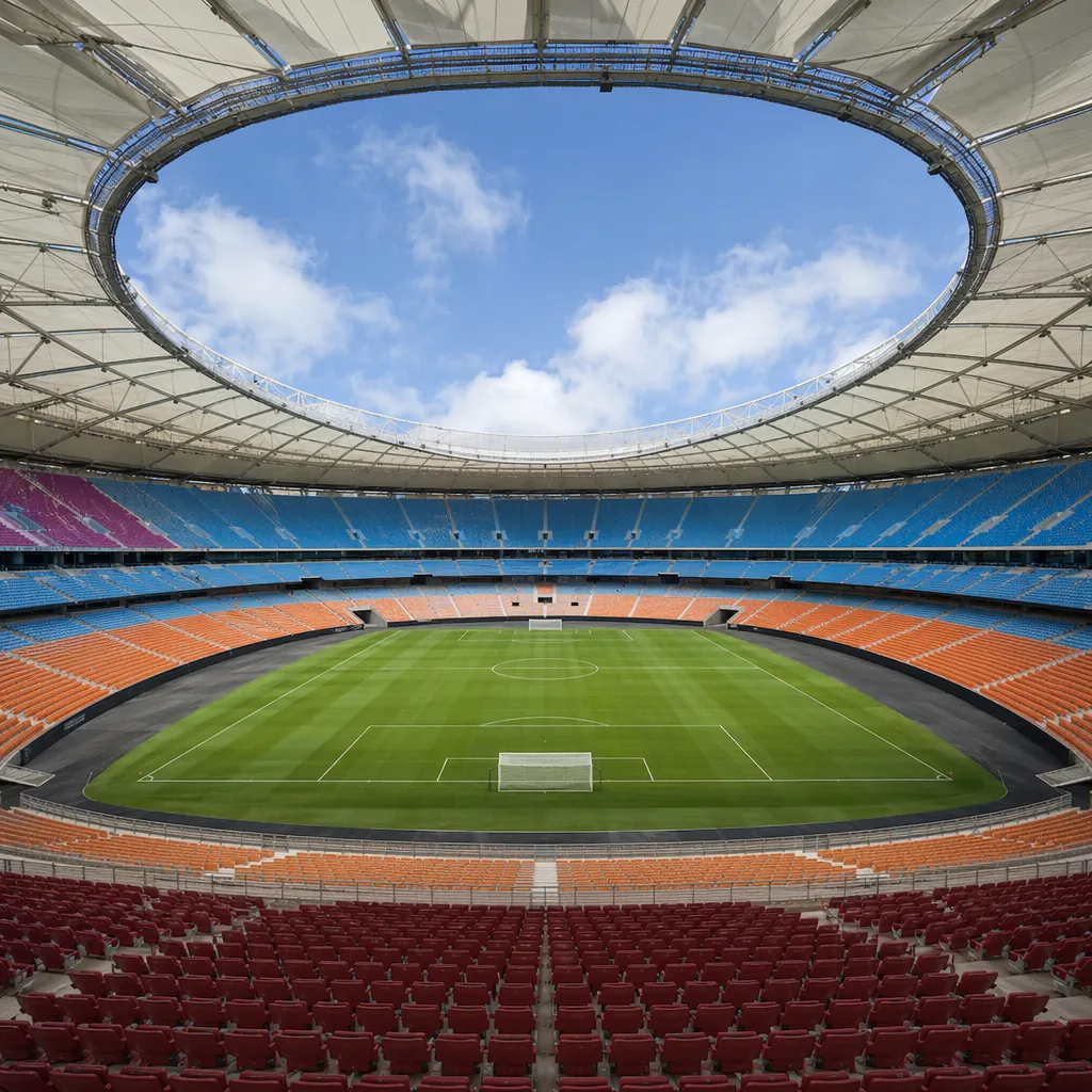 Wide shot of a modern empty World Cup style football stadium with colorful seati