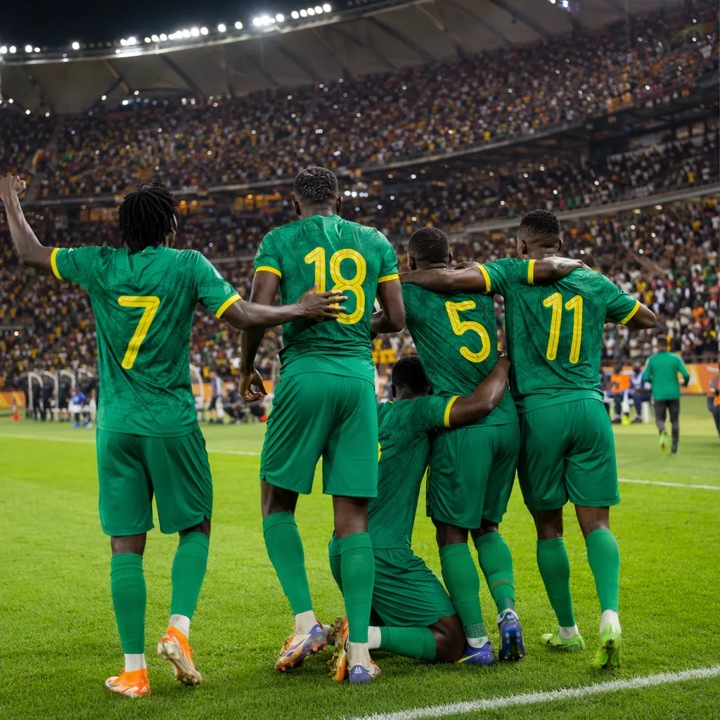African national football team players celebrating during a qualifying match, wi
