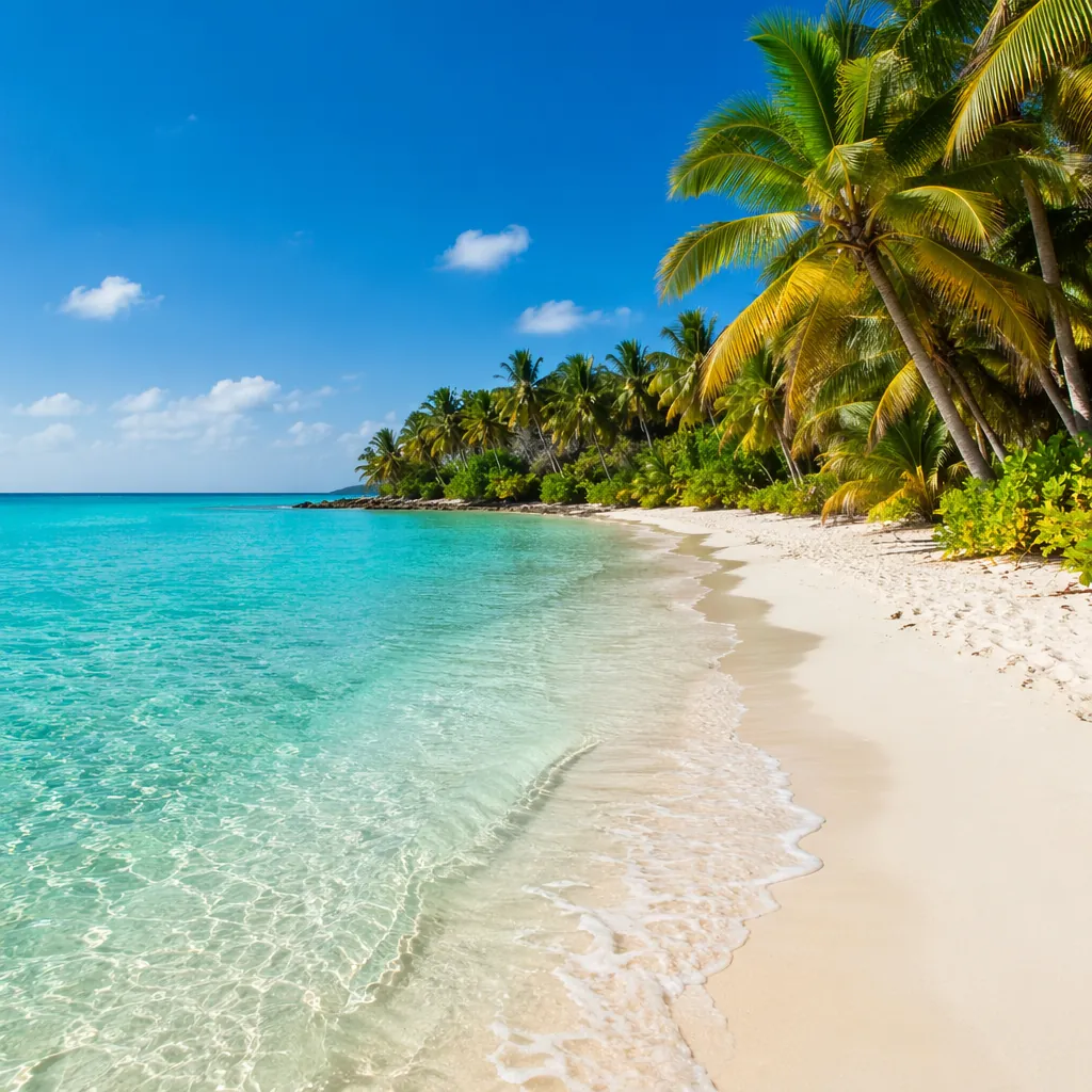 Empty tropical beach with turquoise water, palm trees, sunny weather, holiday vi