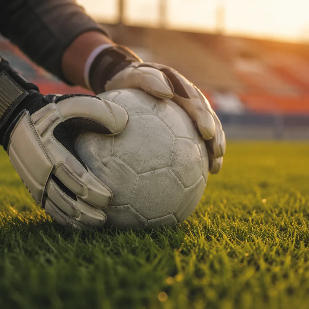 Close up of a goalkeeper's gloves and football on the green grass, stadium seats