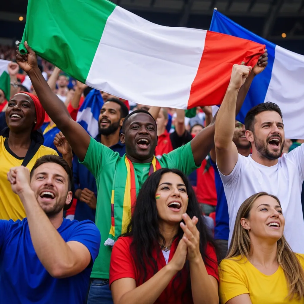 Group of diverse football fans cheering and holding unbranded national flags in 