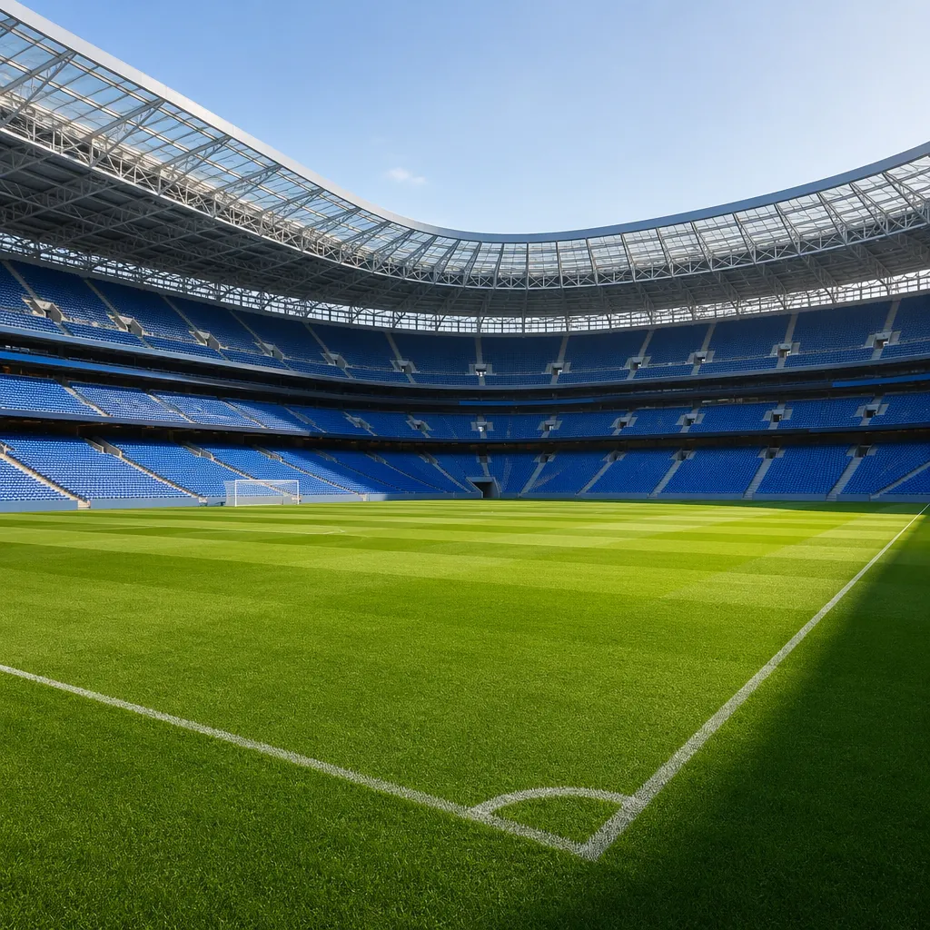 Empty well-maintained football pitch in a large modern stadium, sunlight shining