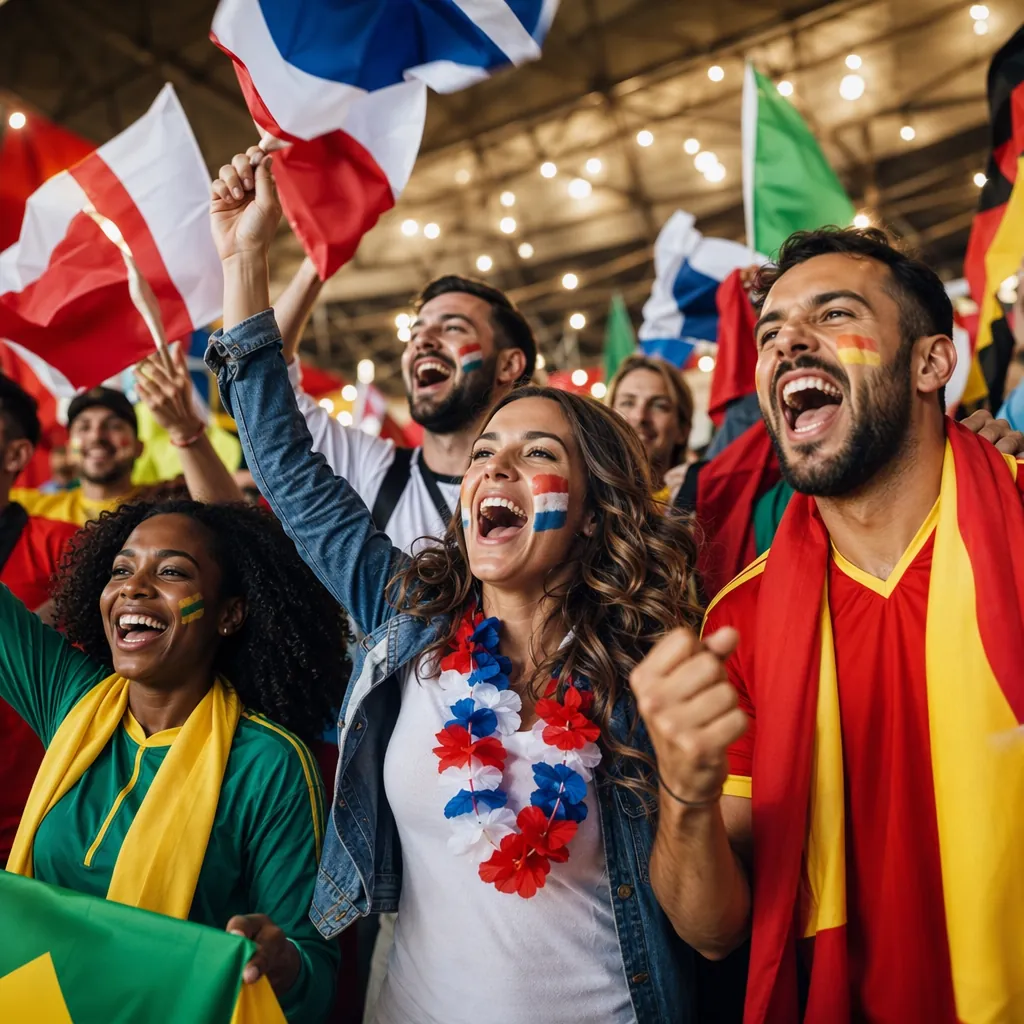 Group of diverse football fans cheering with generic national flags in a stadium