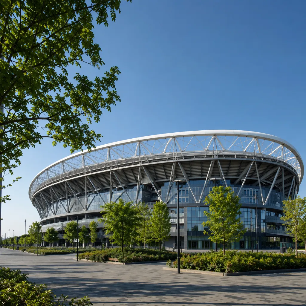 Wide shot of a modern football stadium exterior under clear blue sky, lush green