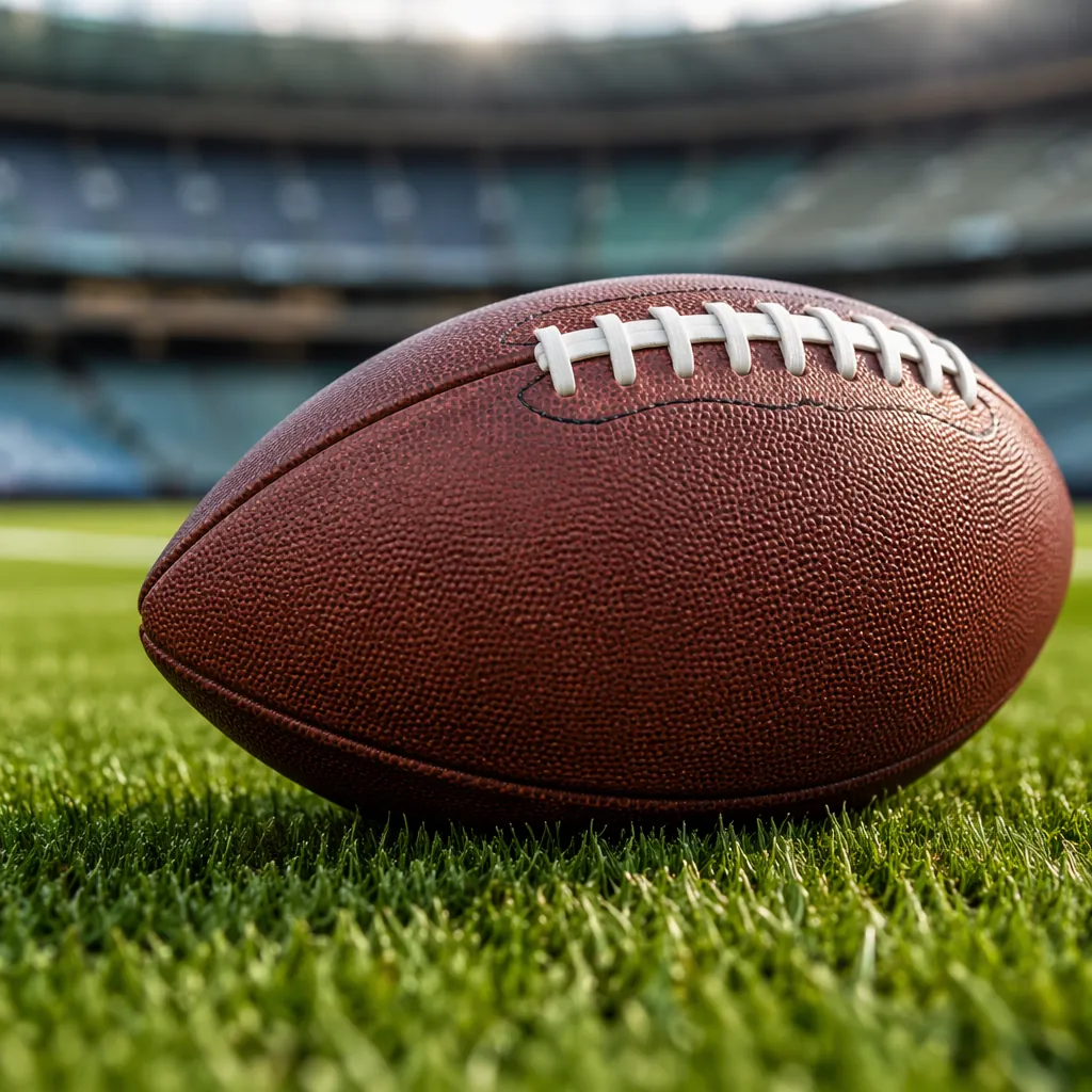 Close up shot of a generic football resting on green grass with blurred stadium 