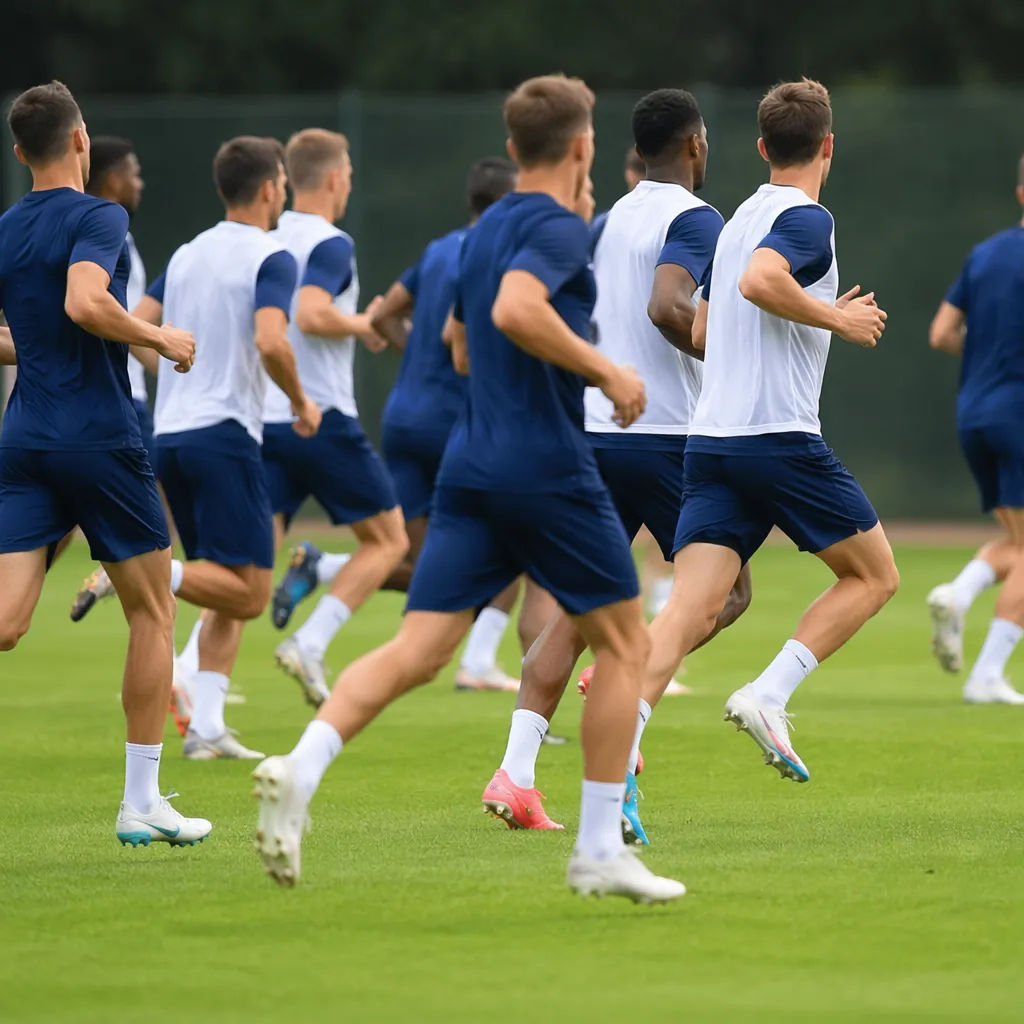Group of football players in generic blue and white training kits running on a p