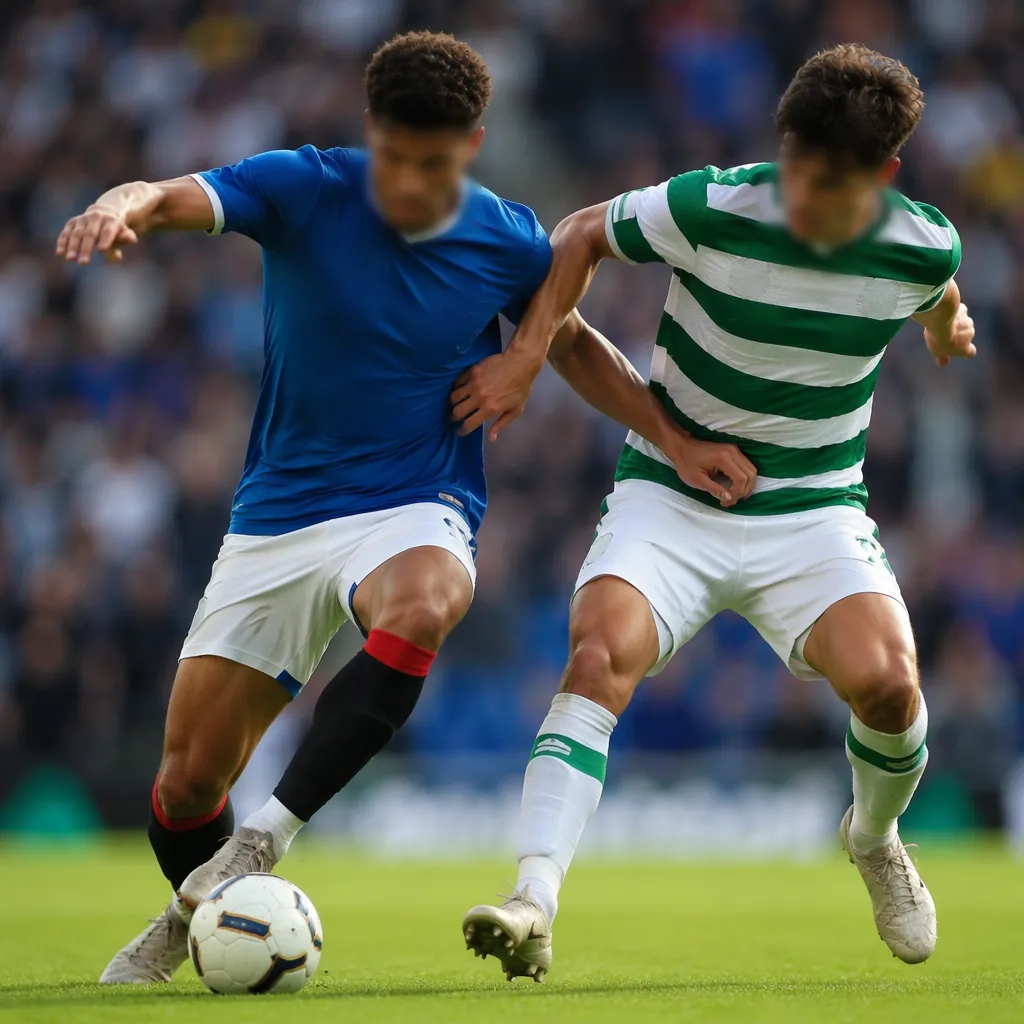Action shot of two football players competing for the ball on a green grass pitc