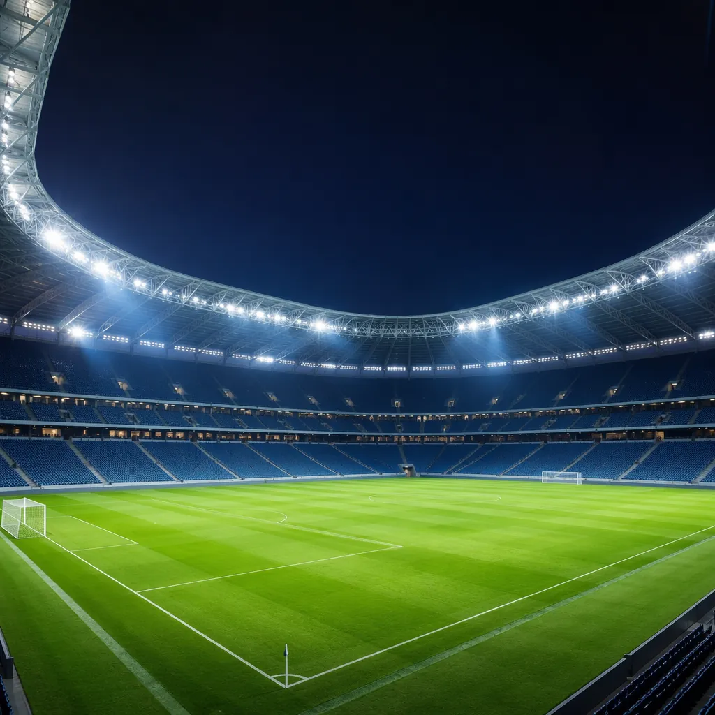 Wide shot of a modern football stadium interior, empty green pitch, bright stadi