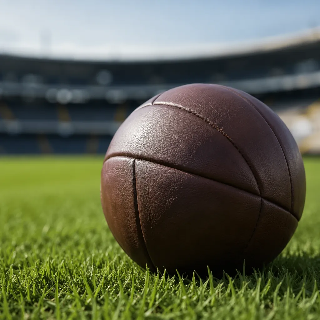 Close up shot of a leather football resting on well-maintained green pitch, blur
