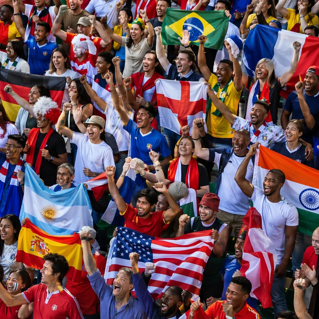 High angle shot of diverse football fans cheering together in stadium stands, wa