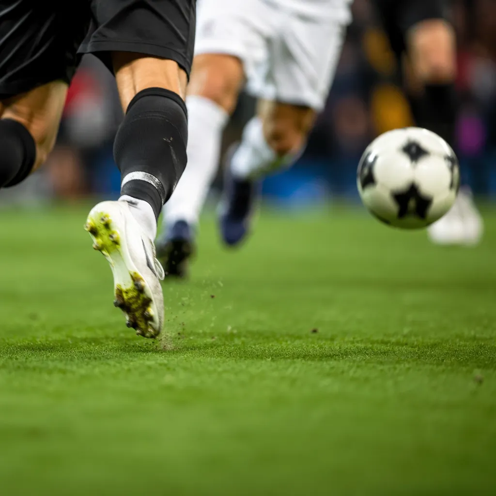 Close-up of football players' feet running on a green pitch, motion blur effect,