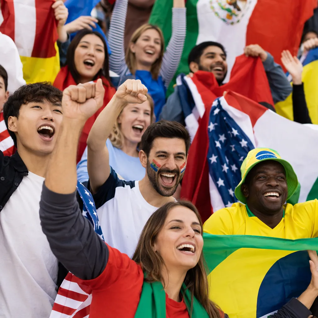 Group of diverse football fans cheering in stadium stands, holding national flag