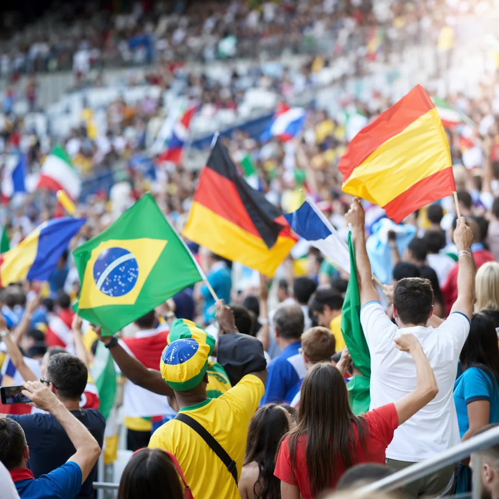 Candid shot of diverse football fans waving colorful national flags in stadium s