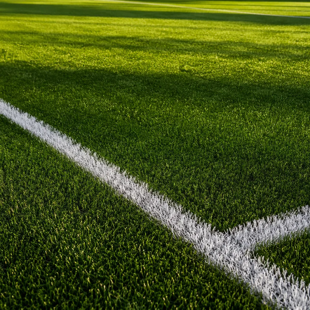 Close-up of a pristine professional football pitch with white boundary lines, so