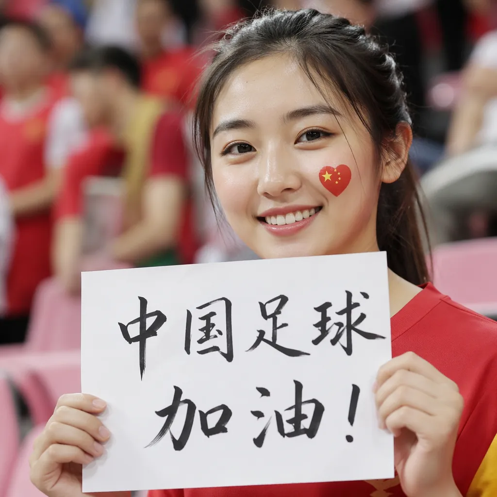 Close up of Chinese fan holding a handwritten sign with Chinese characters expre