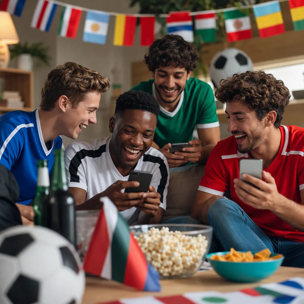 Group of young football fans laughing while browsing funny content on mobile pho