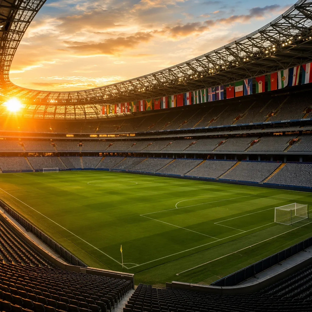 Wide shot of a modern empty World Cup football stadium during golden hour, green