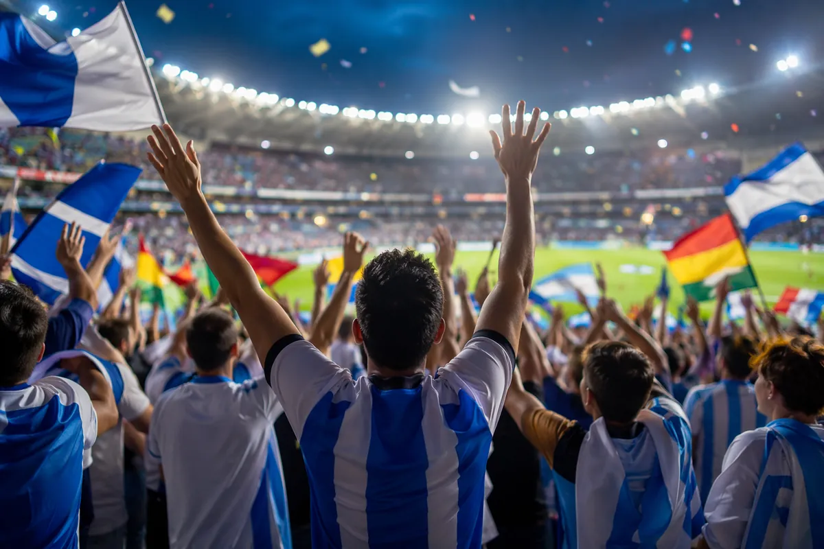 Vibrant pre-match stadium atmosphere for 2026 FIFA World Cup, cheering fans wearing blue a