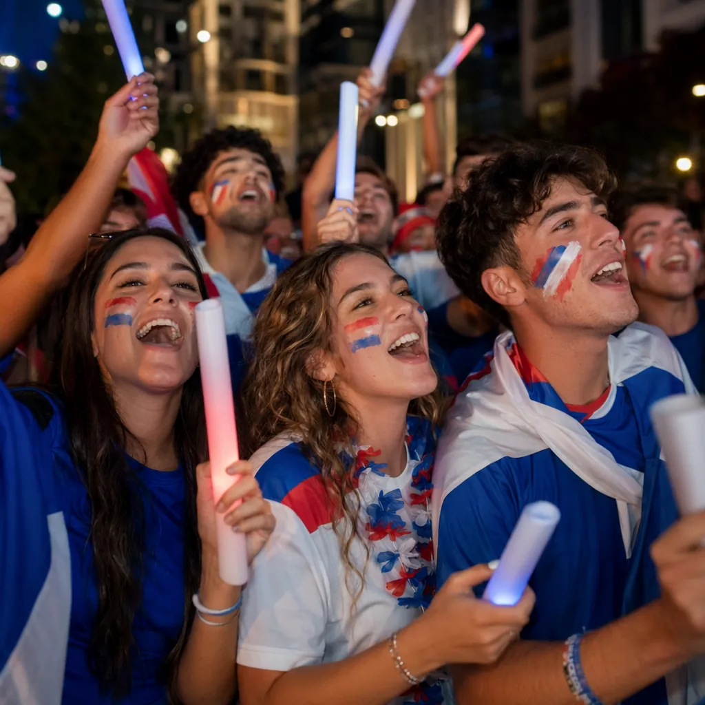 Group of young football fans singing together at a public World Cup viewing part