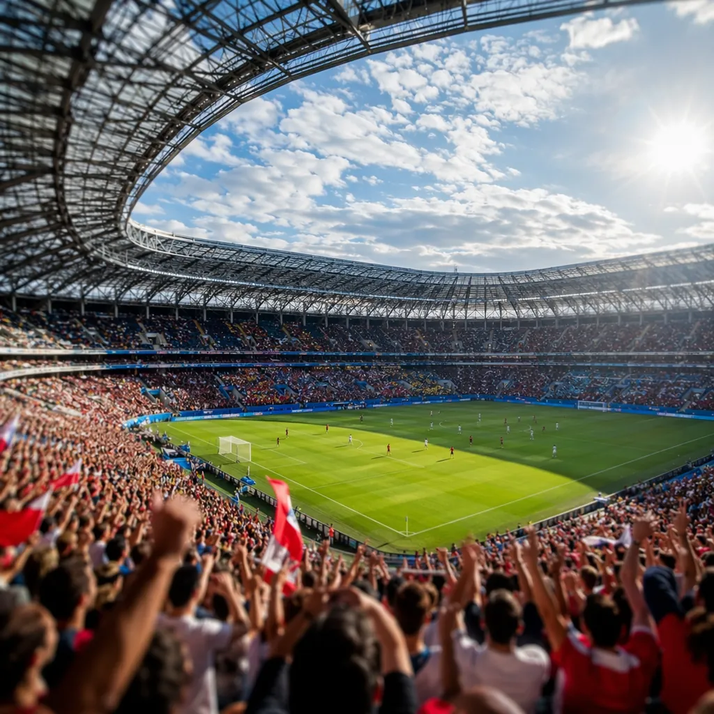 Wide shot of modern world cup football stadium with blurred cheering crowd in st