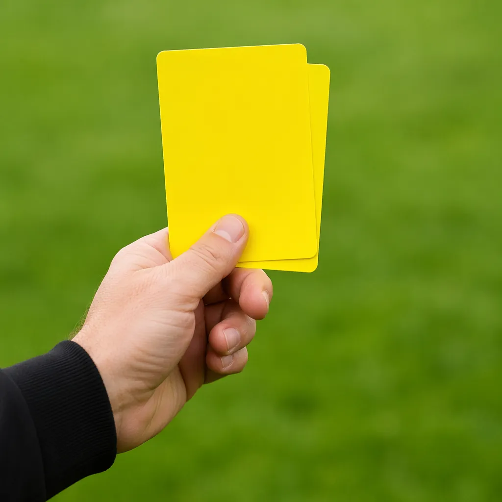 Close up of yellow cards in referee's hand, green grass pitch background, soft f