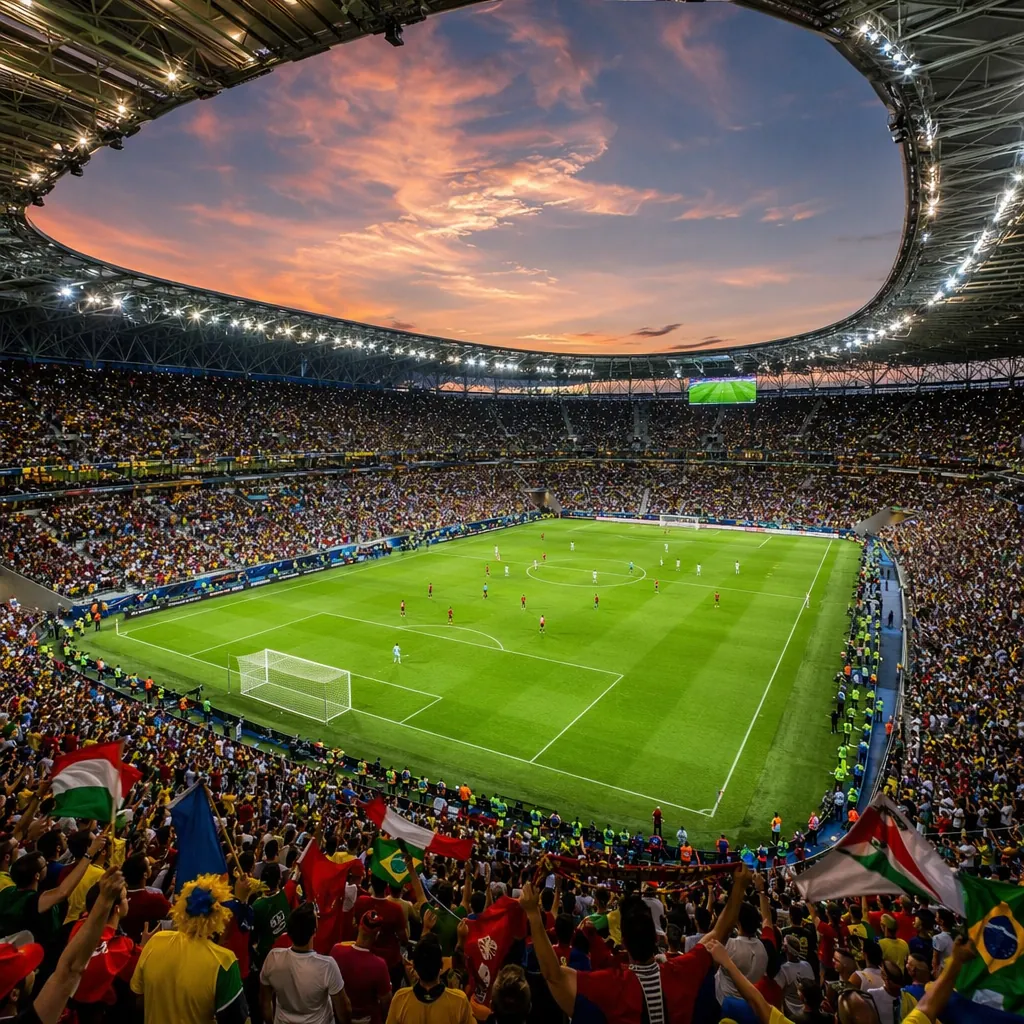Wide shot of a modern world cup football stadium at dusk, vibrant colorful crowd