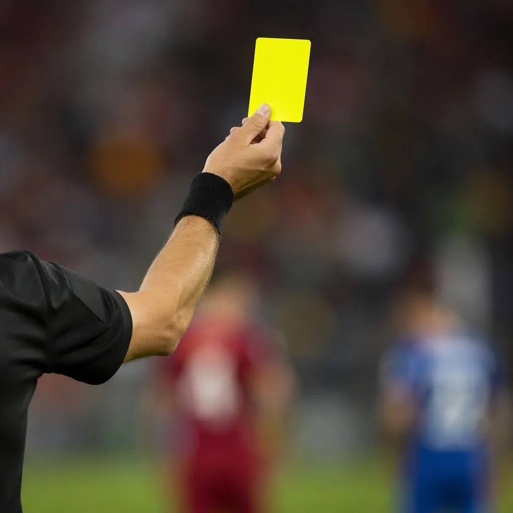 Close up shot of a football referee holding a yellow card on the pitch, blurred 