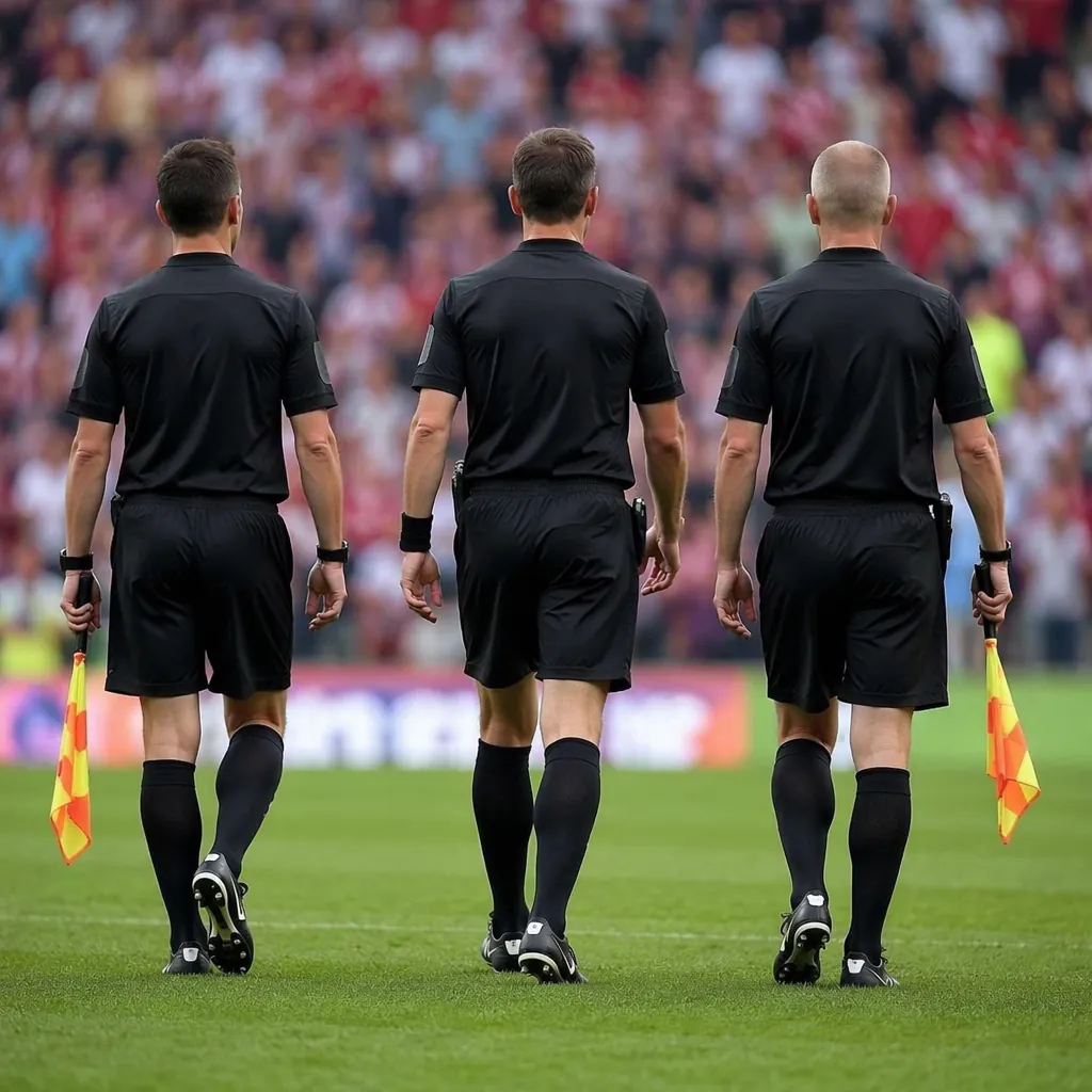 Group of three football referees in black uniforms walking side by side on a foo