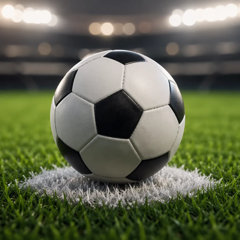 Close up shot of a soccer ball resting on the white penalty spot on a well-maint