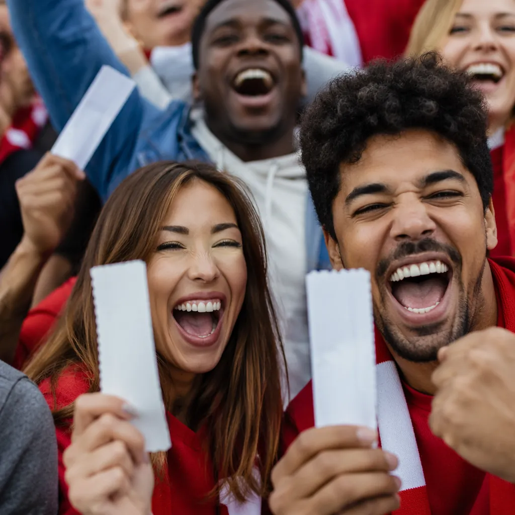 Close up shot of diverse football fans holding generic match tickets and cheerin