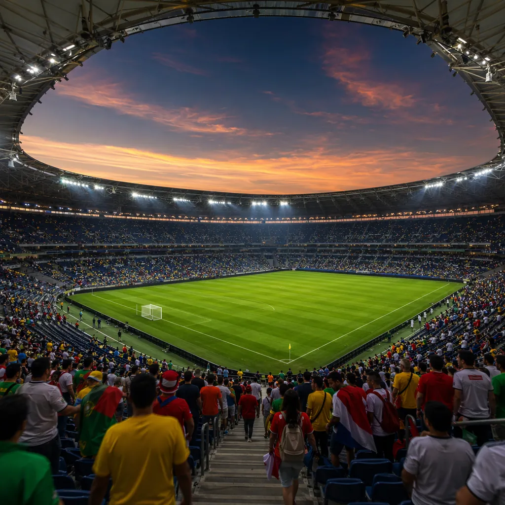 Wide shot of a modern world cup football stadium at dusk, empty green pitch with