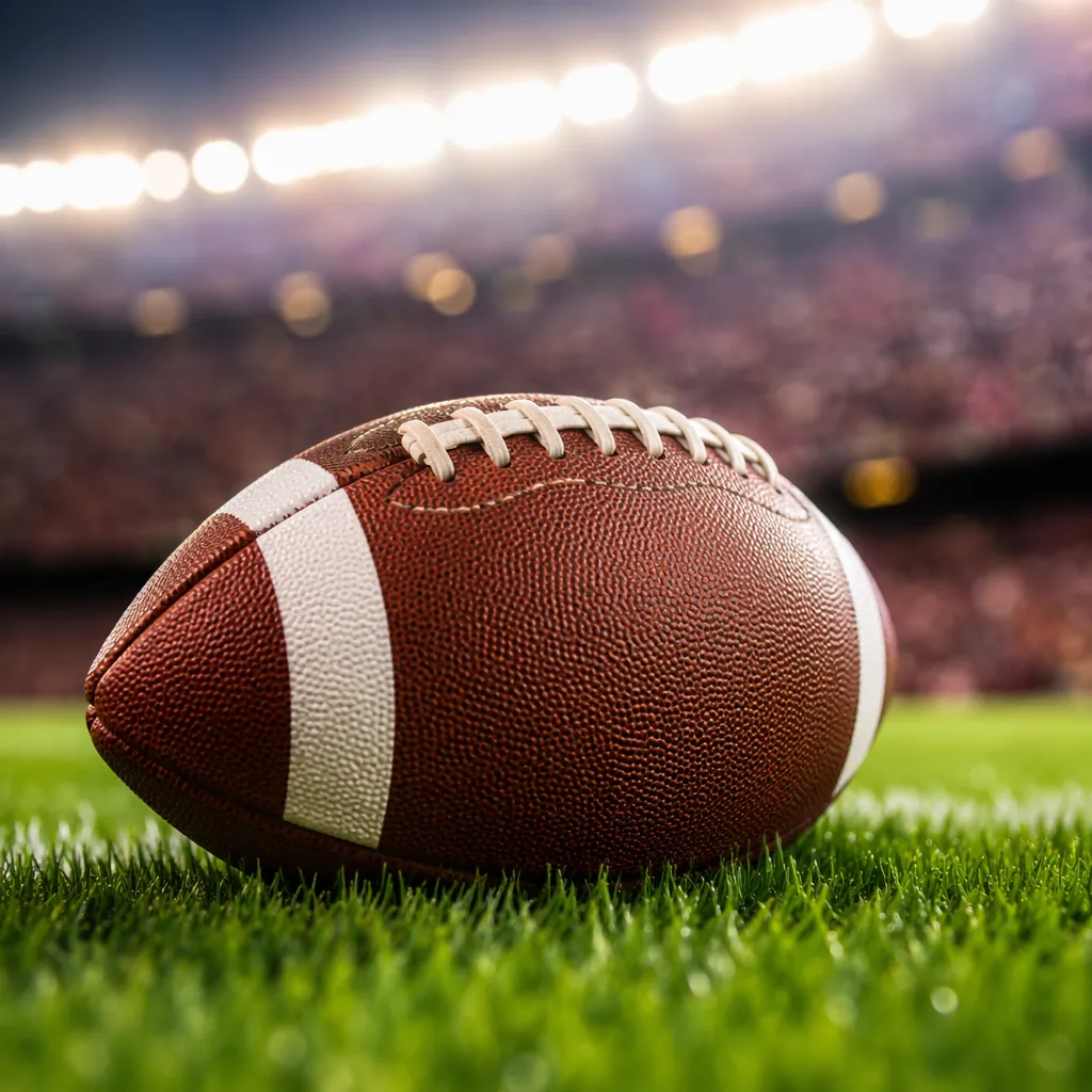Close up shot of a generic football on well-maintained green grass, blurred stad