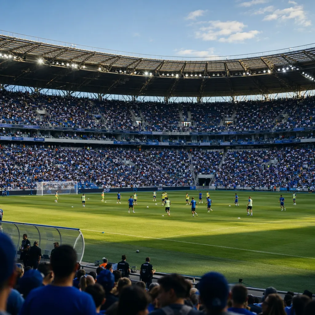 Wide shot of a modern football stadium during match warm-up, players in generic 
