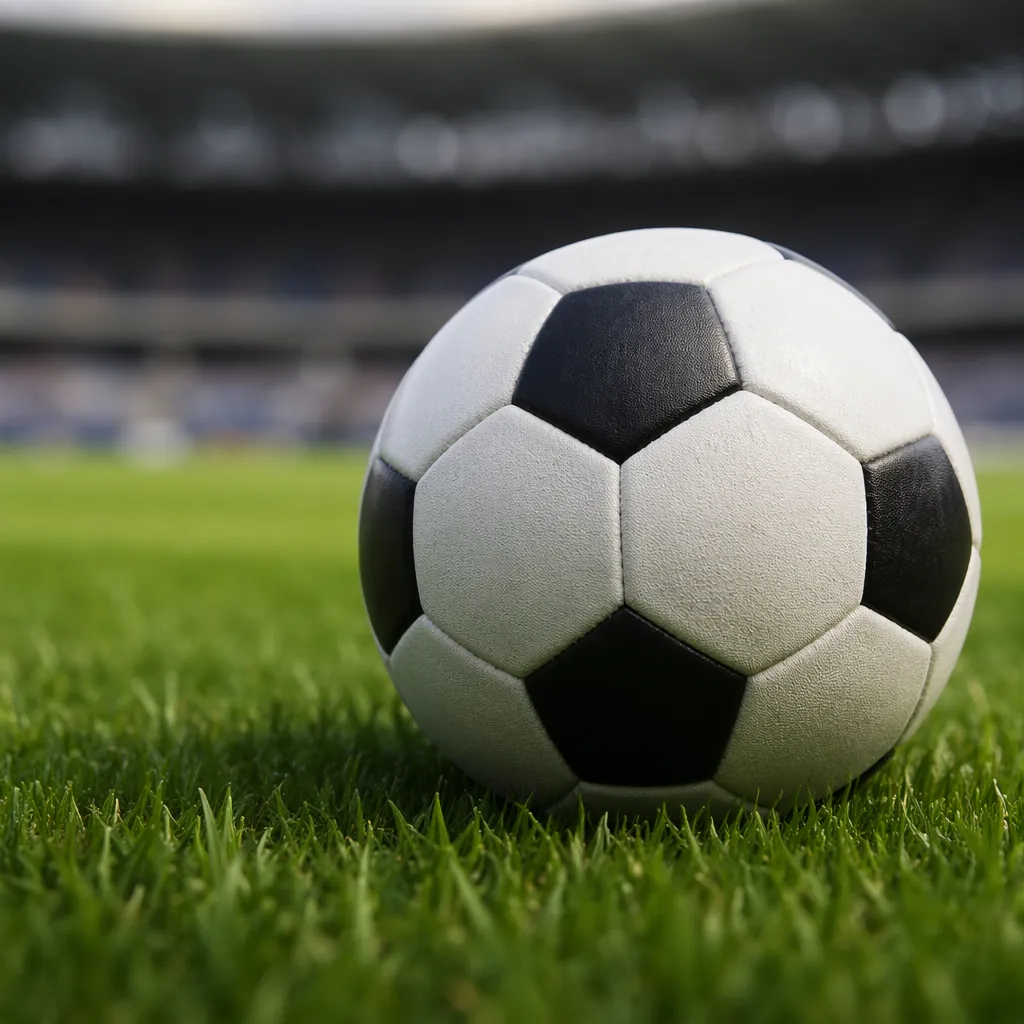 Close up shot of a soccer ball resting on the green grass of a professional pitc