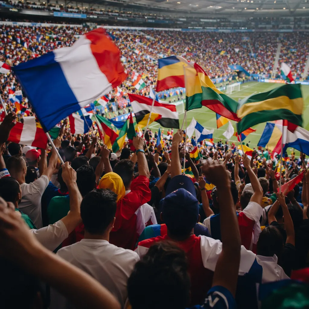 Wide shot of soccer fans waving generic national flags in stadium stands, vibran