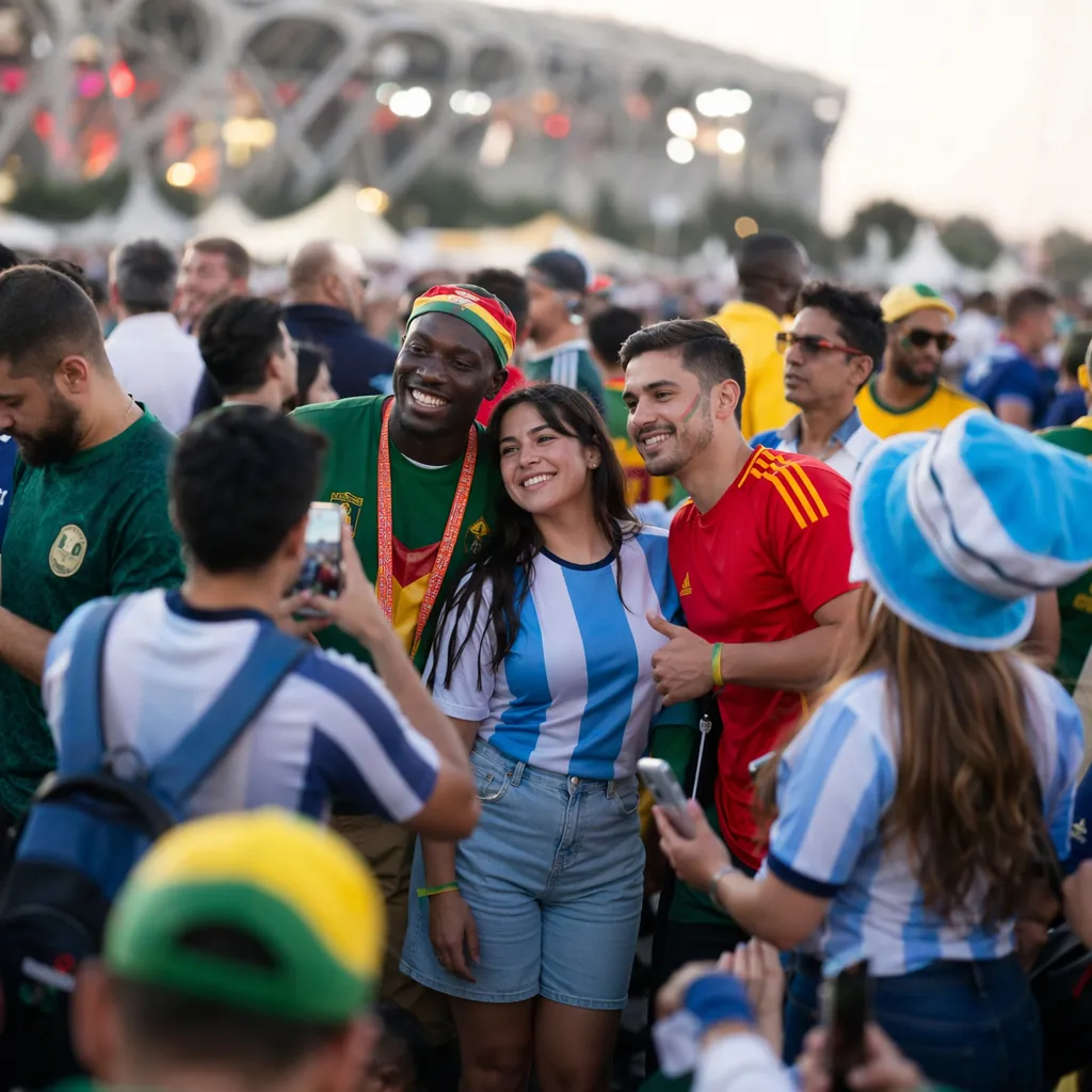 Candid shot of diverse football fans wearing national team jerseys, taking photo