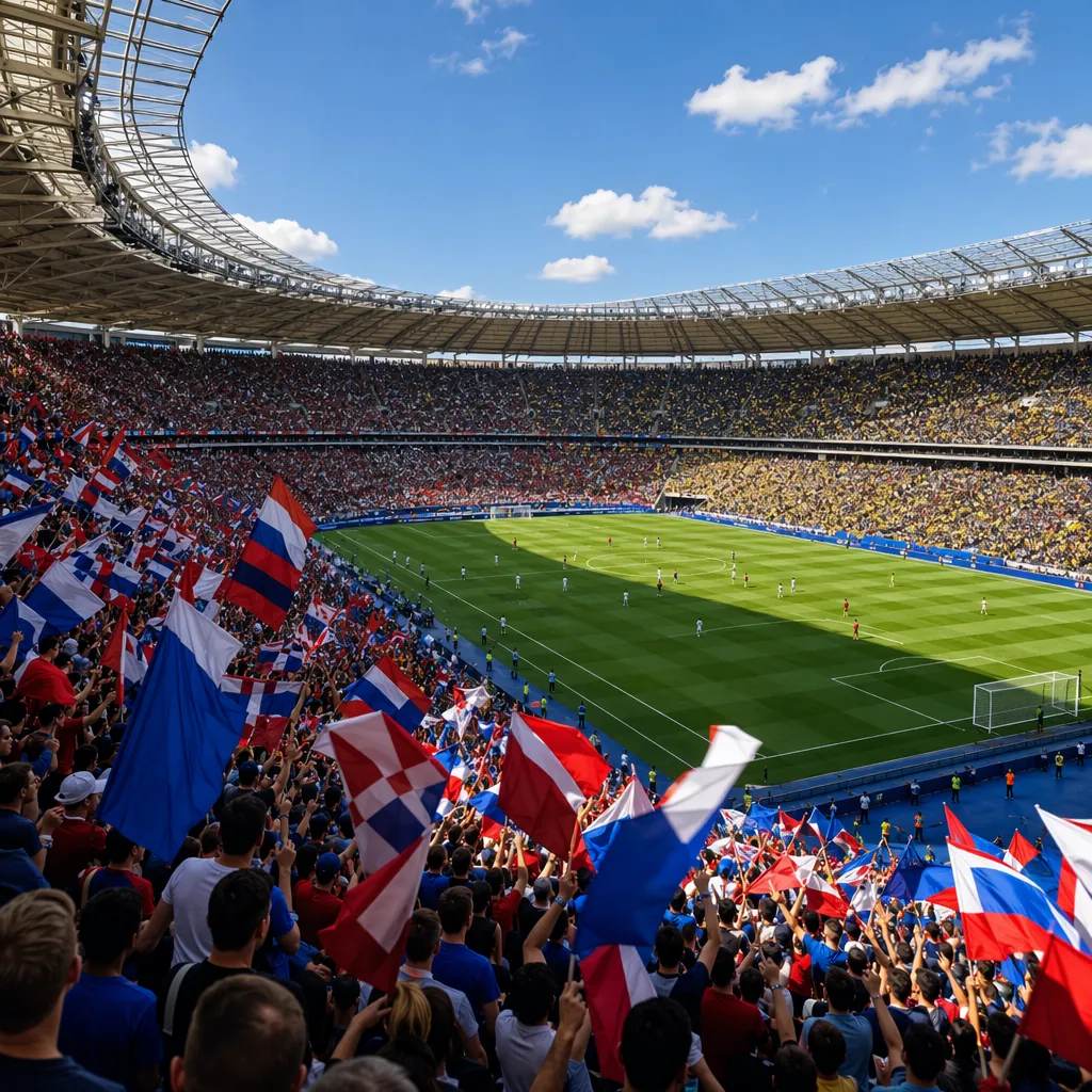A wide shot of a packed football stadium during a daytime match, colorful fan fl
